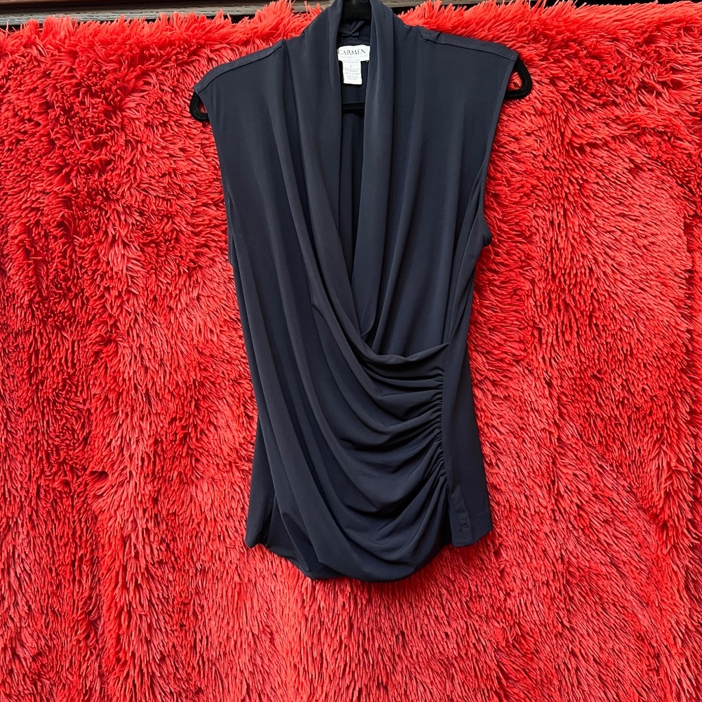 Carmen Marc Valvo Women's navy blue sleeveless top wrap front